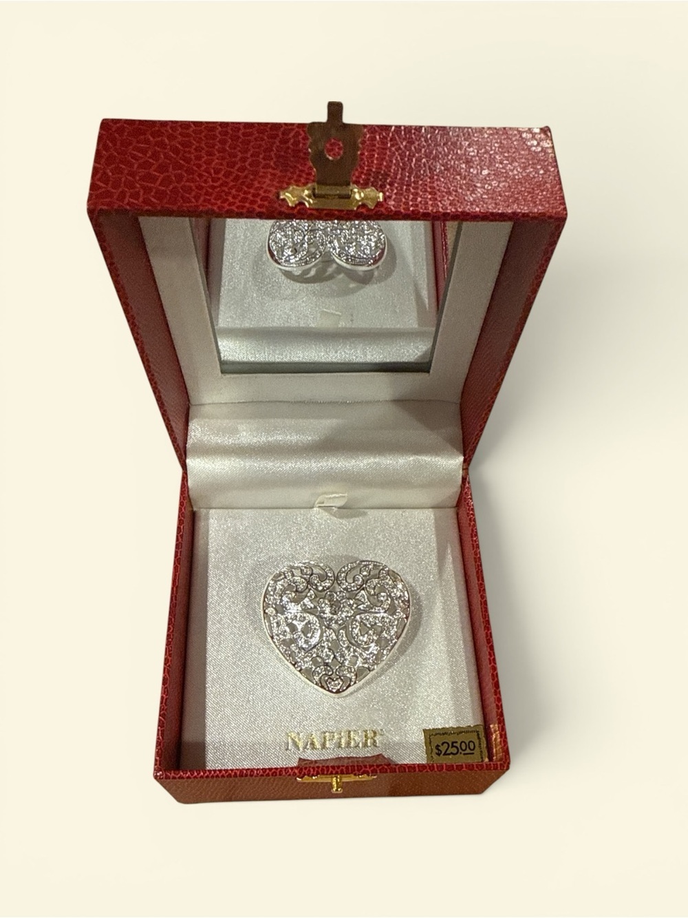 Vintage 90s Napier Silver Heart Filigree Brooch with Clear Crystal Accents